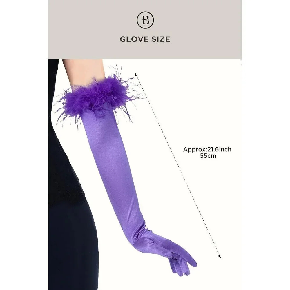 Women's Evening Purple Feather Long Satin Gloves Stretchy Halloween Costume
